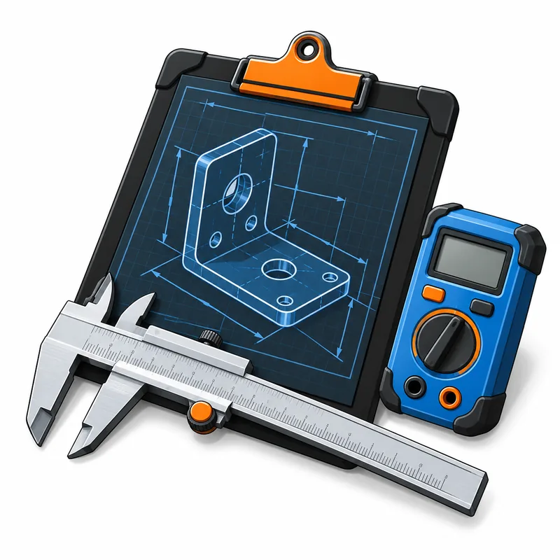 Tablet with technical drawings and calipers